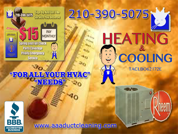 AAA Duct Cleaning It is a licensed Texas HVAC contractor that provides quality service agreements for commercial businesses and residential homes for only $15 month. Call one of our HVAC customer service representative San Antonio and schedule your free AC repair or installation assessment today at 210-390-5075.
